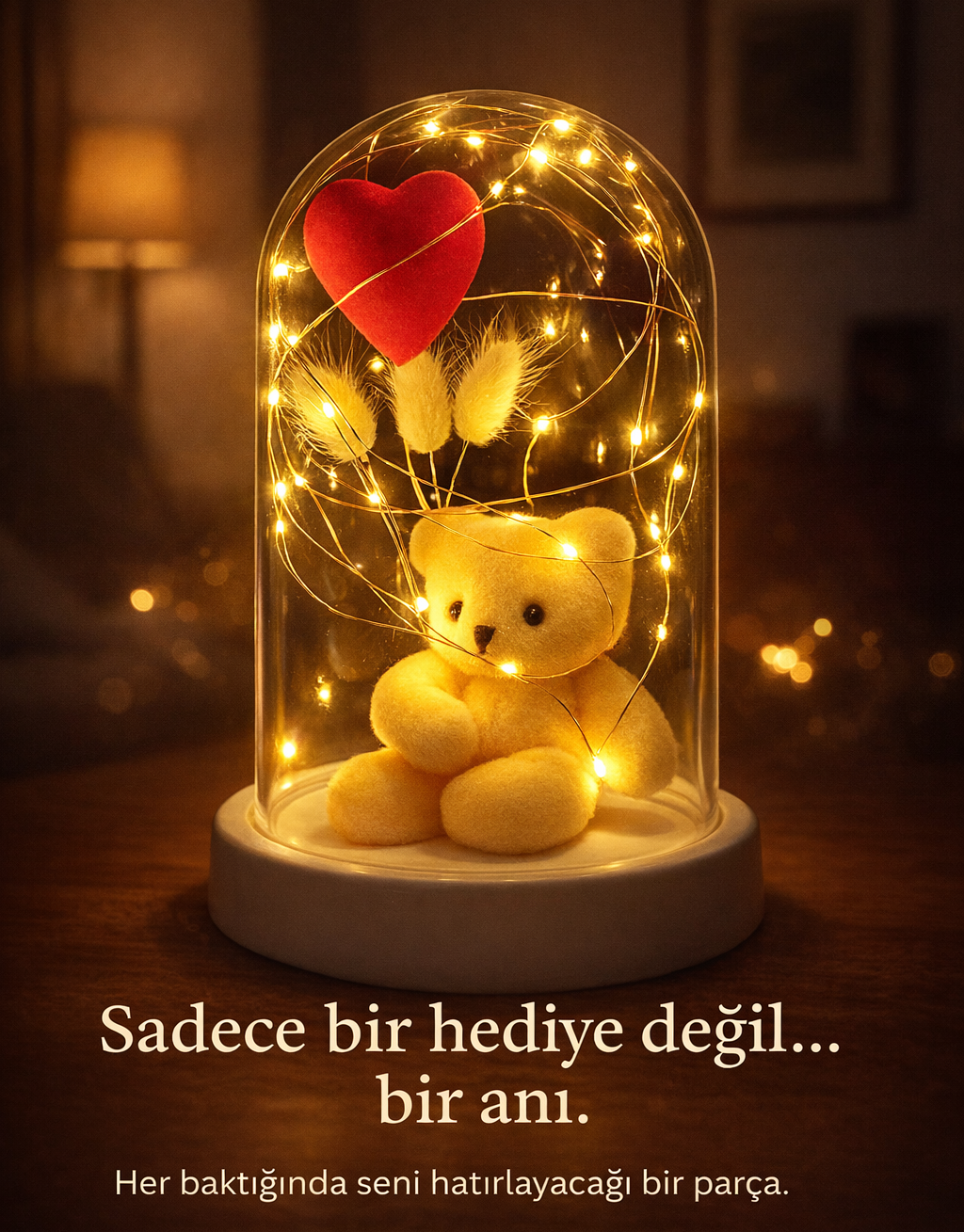 Işıklı Ayıcık Cam Fanus